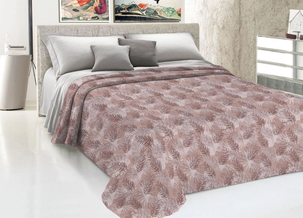 Copriletto Piquet Primavera Estate 100% Cotone Disegno Tropical Felce - Singolo - Rosa