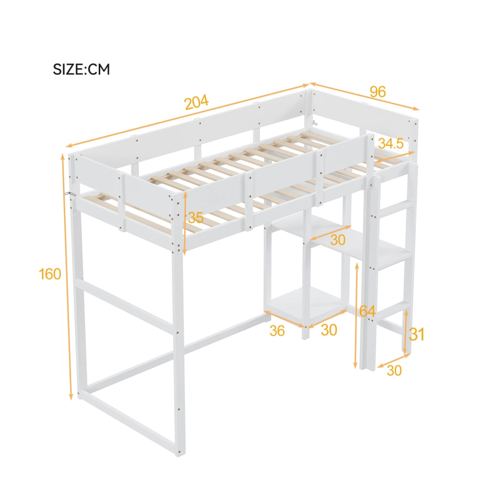 Letto a soppalco ULEVR 90x200 cm con ripiano integrato, sponde di sicurezza e rete a doghe, bianco