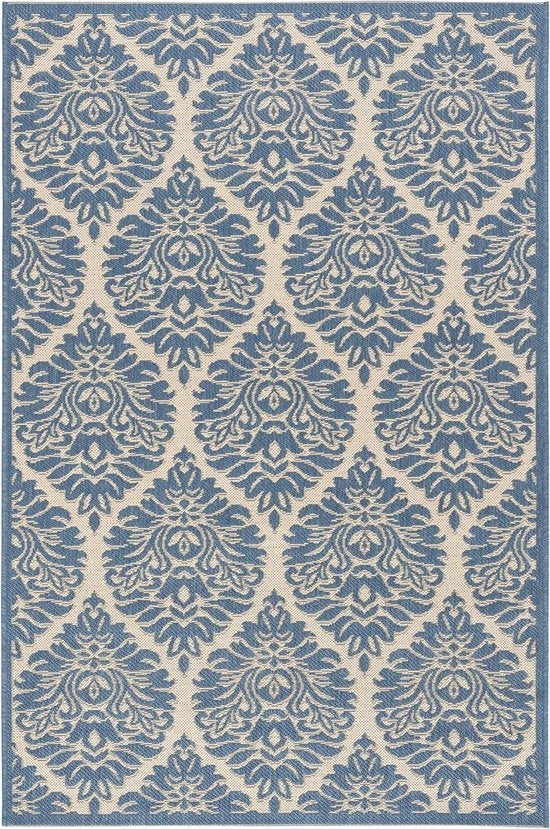 Tappeto a basso pelo damascato per interni e esterni - crème e blu 122 x 183 cm