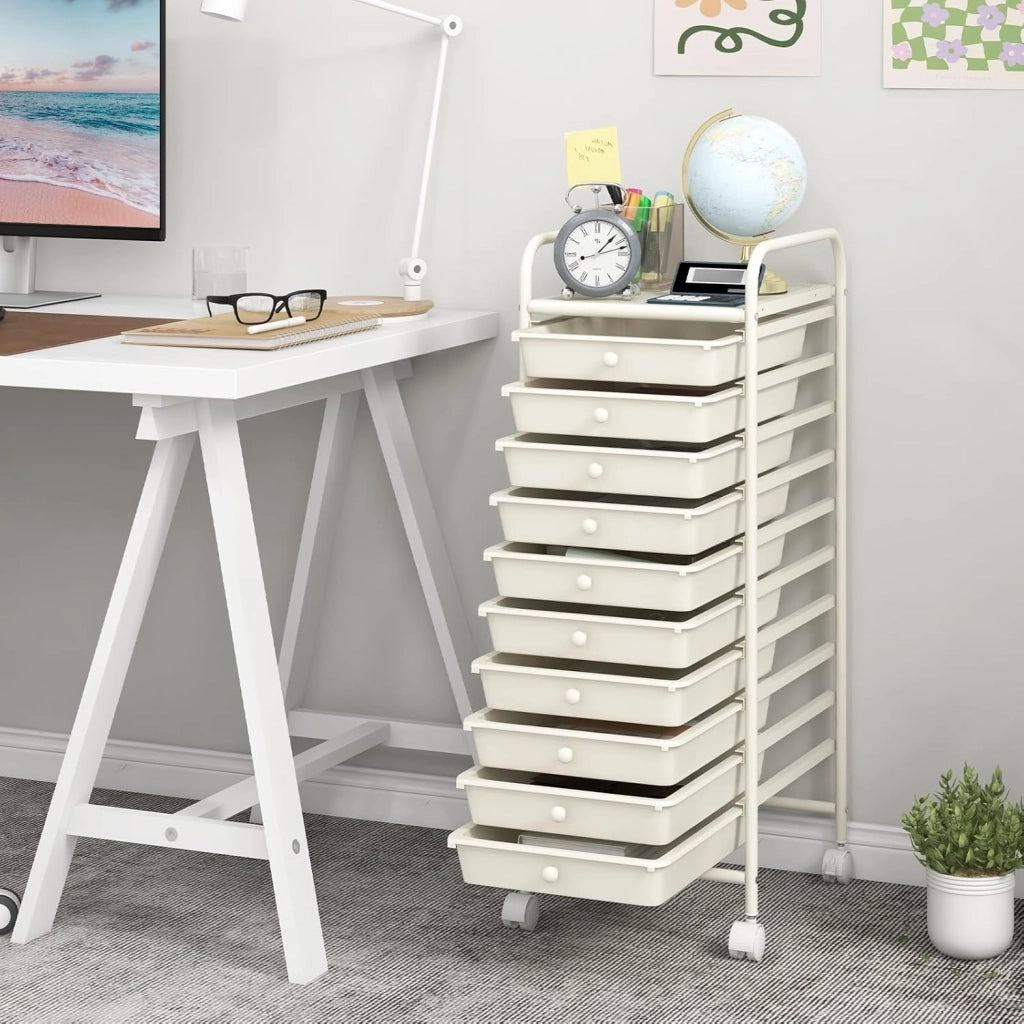 Carrello Portaoggetti con 10 Cassetti, Telaio in Metallo e Struttura in Plastica, 4 Ruote di cui 2 con Freno, Organizer Multiuso per Ufficio, Cucina e Bagno, 33 x 37 x 86 cm