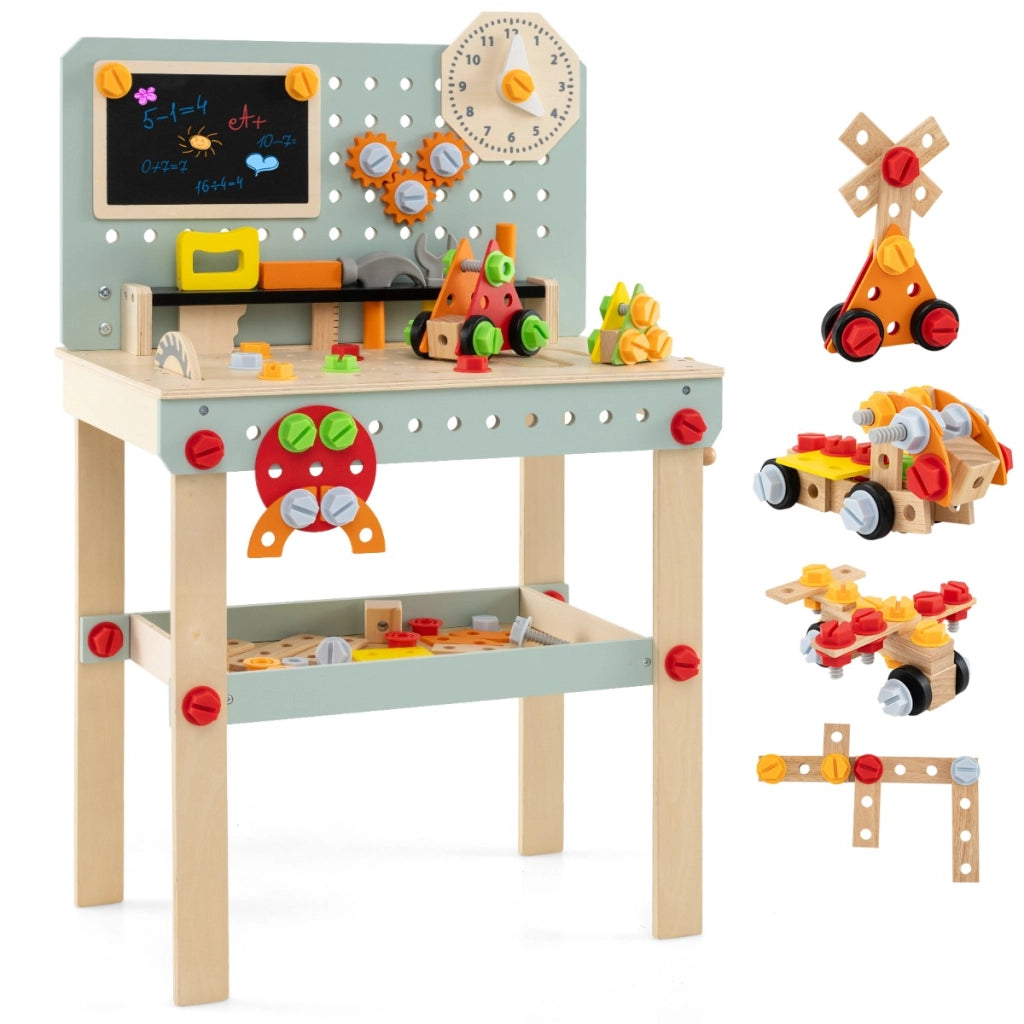 Banco degli attrezzi in legno per bambini, Banco da lavoro con set di attrezzi e orologio incantevole