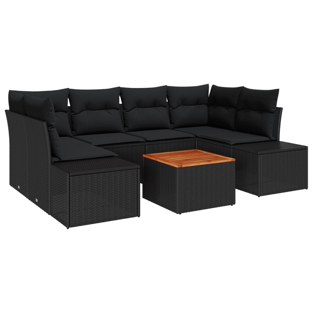 Set di divani da giardino da 7 pezzi con cuscini neri in polyrattan e legno di acacia
