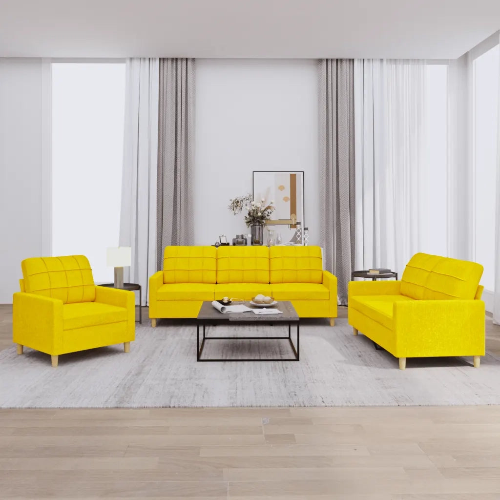 Set di Divani 3 pz con Cuscini Giallo Chiaro in Tessuto