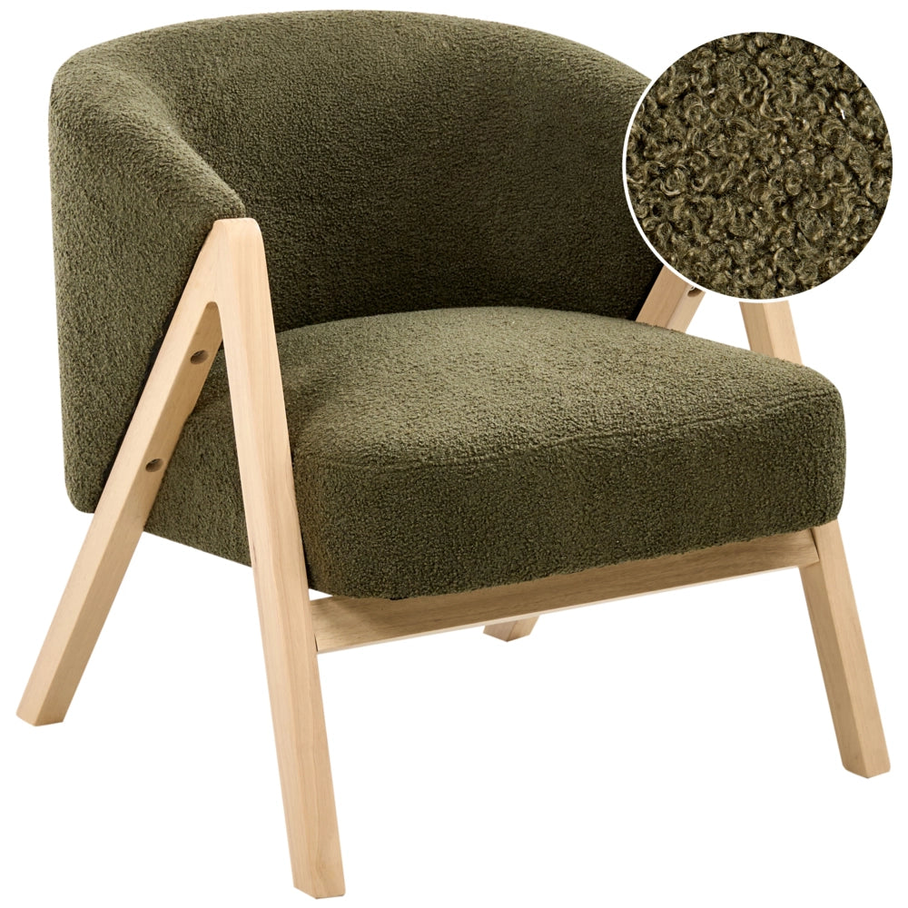 Poltrona verde scuro in tessuto bouclé con gambe in legno, design moderno, per soggiorno e camera da letto