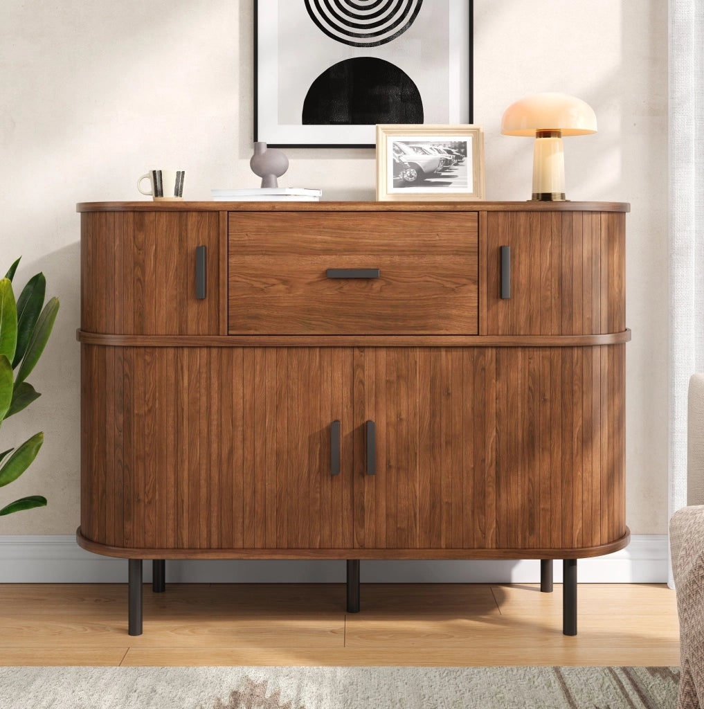 Credenza a 2 livelli con ante scorrevoli e cassetto, noce