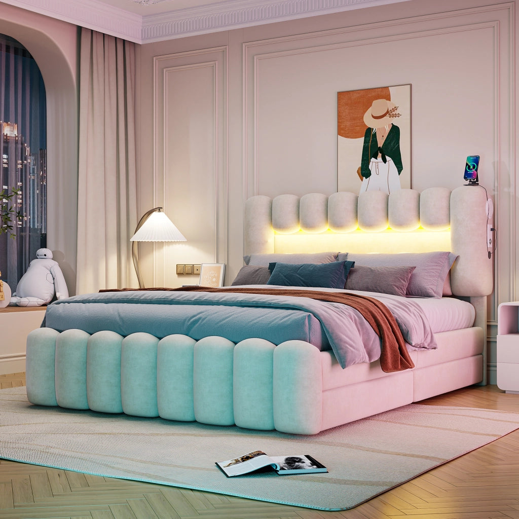 OKWISH Letto con Cassetti 160×200 cm, Letto Matrimoniale con 4 Cassetti, USB, Altoparlanti e LED Regolabile, senza Materasso, Velluto, Beige