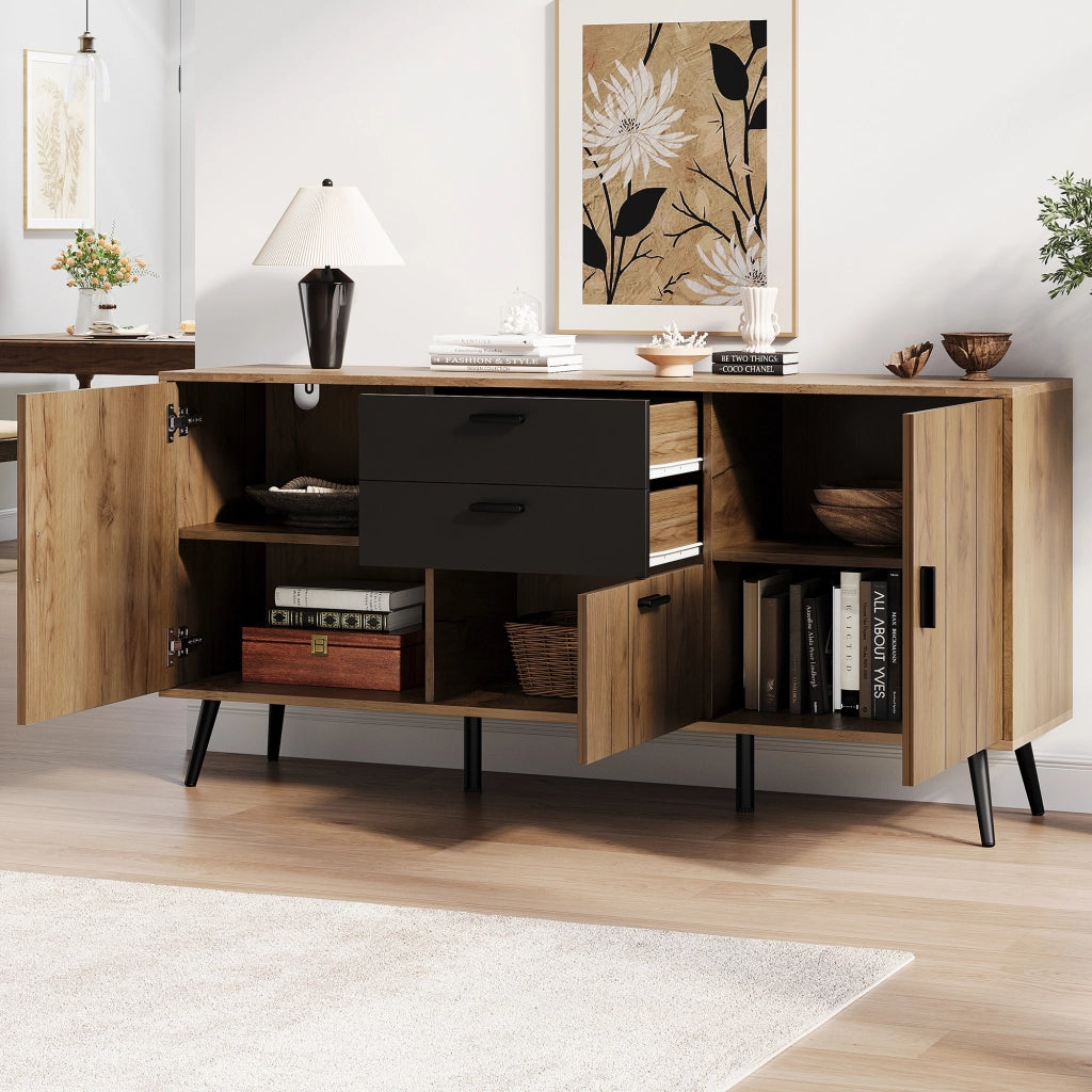 Credenza con 3 ante e 2 cassetti; 7 vani - per soggiorno o cucina - in MDF - 140x35x67 cm