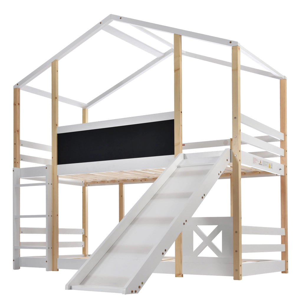 Letto a castello bianco con scivolo e scala in legno massello di pino 90x200 cm