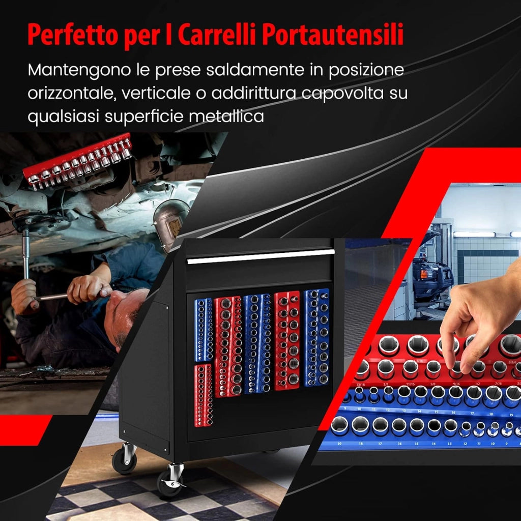 6 Pezzi Set di Supporti Magnetici per Punte delle Chiavi a Bussola, Organizer per Punte con Unità da 2,5/10cm, 7,5/20cm e 2,5/10cm, Rosso SAE e Blu Metrico