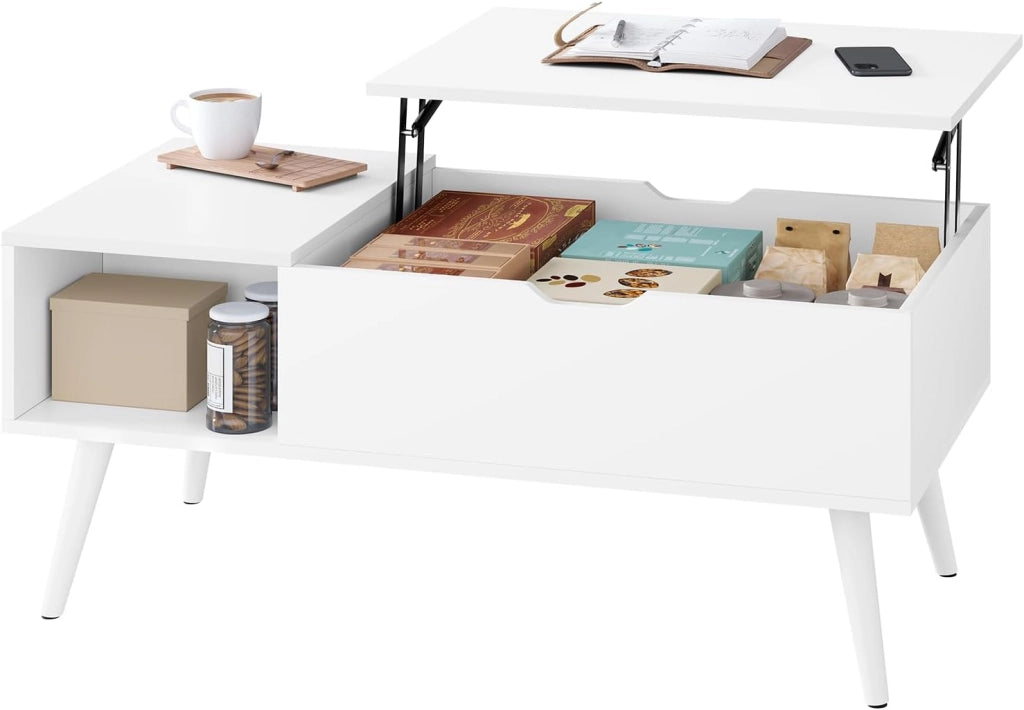 Tavolino da Caffè Sollevabile e Allungabile, Tavolo con Spazio Interno e Scomparto Aperto, Tavolino da Salotto per Soggiorno, 100x50x(43-57) cm, Bianco, BTS26ws