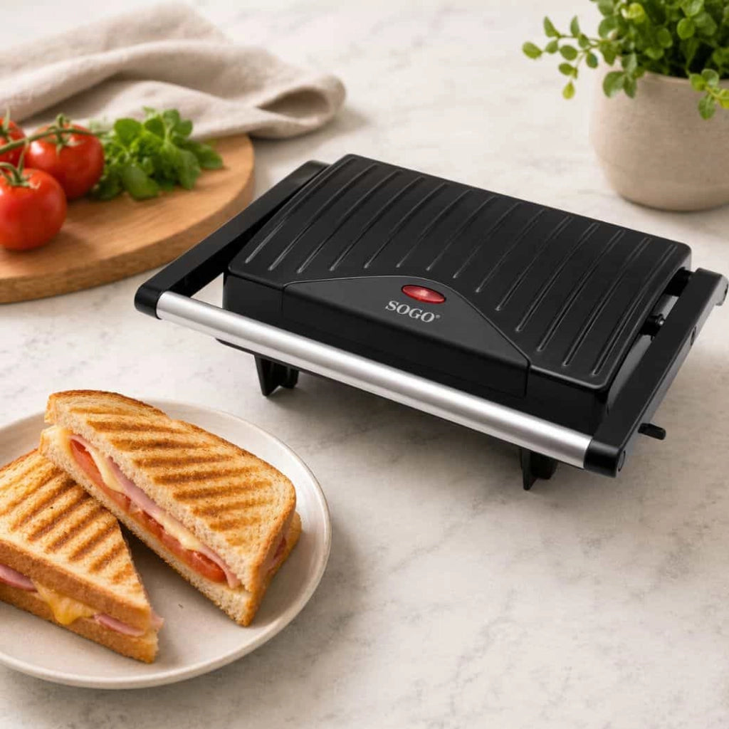 Piastra grill elettrica per panini e sandwich, 2 fette, rivestimento antiaderente 750W, cerniera galleggiante regolabile - SOGO