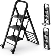 Scala a 3 Gradini Pieghevole con Ruote, 2 in 1 Scala e Carrello a Mano, Carrello a Mano con Ampie Pedane, Carrello Portapacchi a Scala in Metallo, Carico Massimo 250 kg