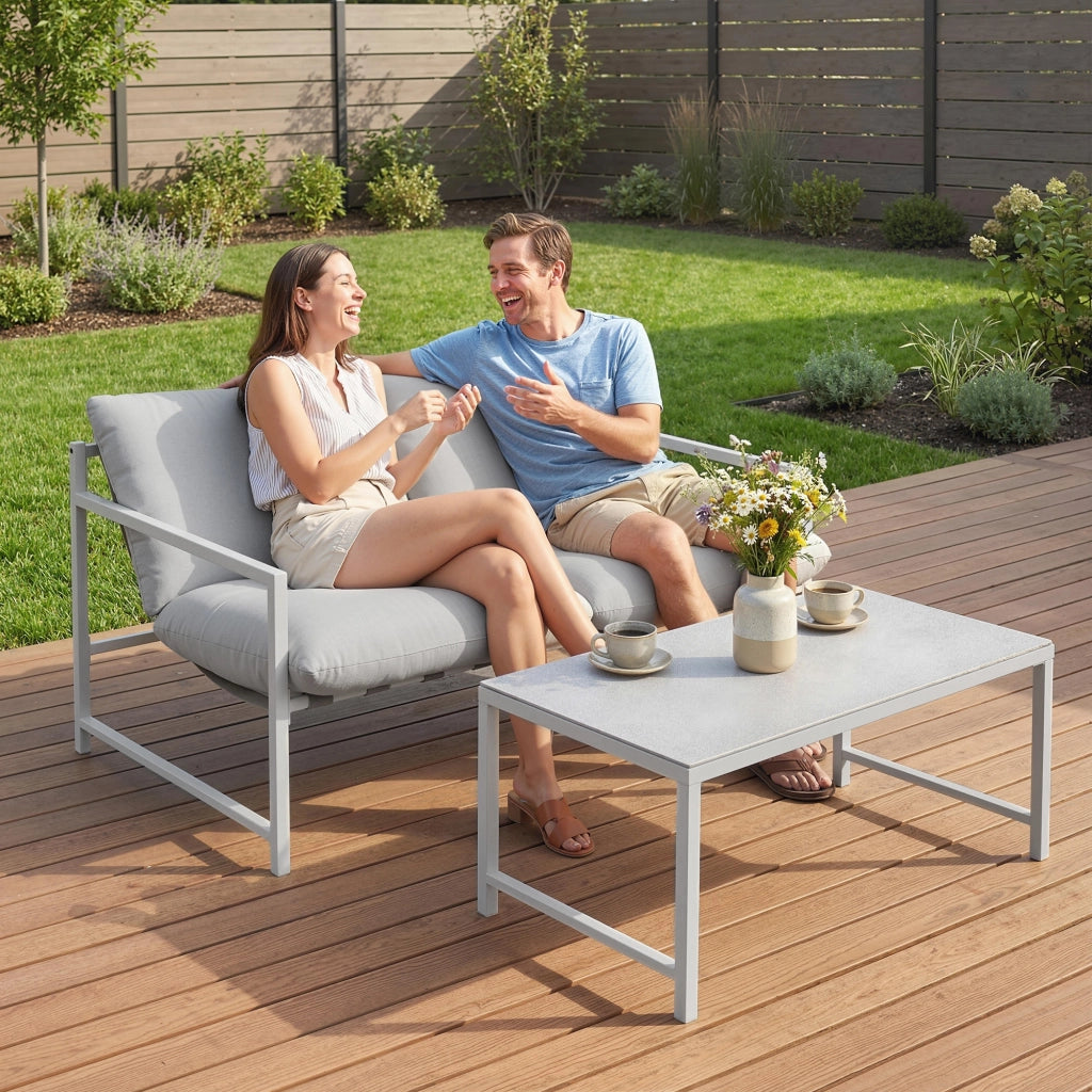 Divano 2 posti con cuscini e tavolo basso in vetro ¨C zephmum ¨C grigio chiaro 125x80x64cm