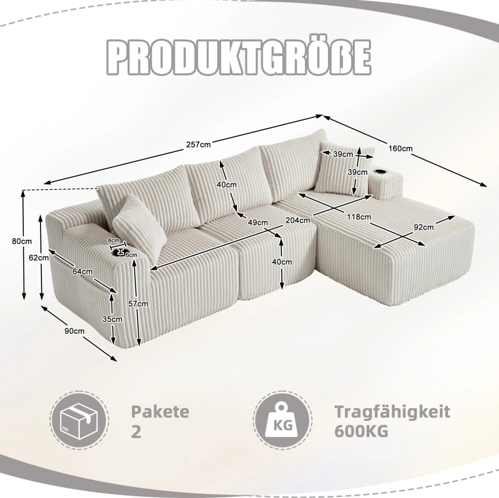 Divano modulare 257x160x62 cm con 5 cuscini; tasche laterali e portabicchieri in corduroy beige