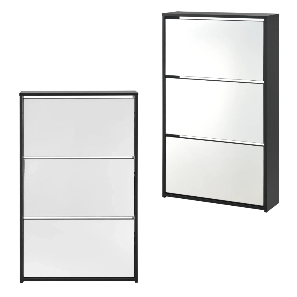 Scarpiera di design mobile contenitore con 3 scomparti capienza 9 paia di scarpe frontale a specchio pannello di particelle rivestito in melamina 102,5 x 63 x 17 cm nero 03_0005166