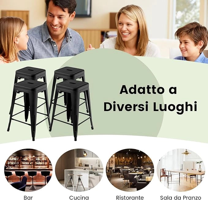 Set di 4 Sgabelli da Bar senza Schienale da 61/76 cm, Sgabelli in Metallo Impilabili con Poggiapiedi per Cucina, Sala da Pranzo e Bar (41 x 41 x 61 cm, Nero)