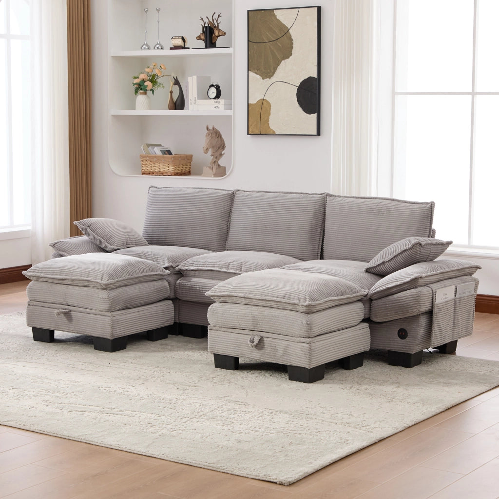 Divano modulare 3 posti con 2 pouf in velluto a coste grigio chiaro