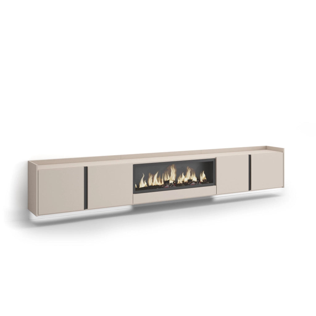 Mobile TV Soggiorno, 315x50x35 cm, Per TV fino a 80", Camino elettrico XXL, Sospeso, da appendere, LED, Beige