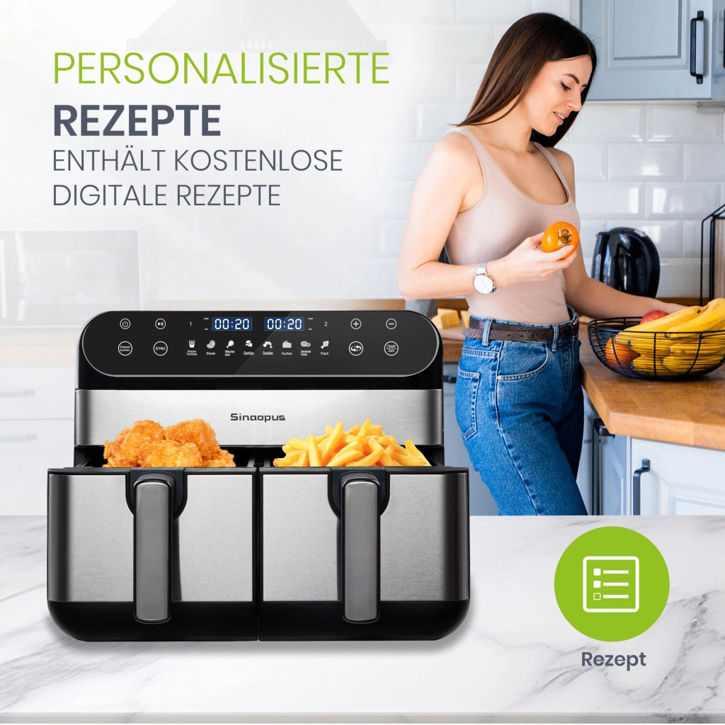 Friggitrice ad aria XXL da 10 litri con doppia zona, ideale per famiglie, con display touchscreen a LED, tempo e temperatura regolabili e 8 funzioni d