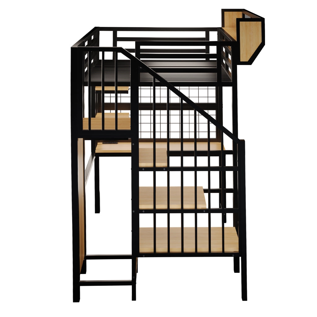 Letto a soppalco in metallo 90x200 cm con scrivania, scaffali, rete portaoggetti, LED e presa, nero