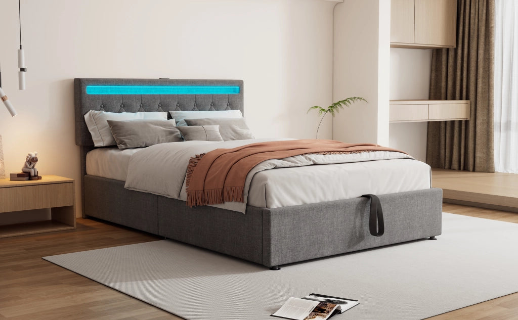 DESMIU Letto contenitore 140 × 200 cm 2 posti con LED, USB e Type-C, senza materasso, in lino e MDF, grigio