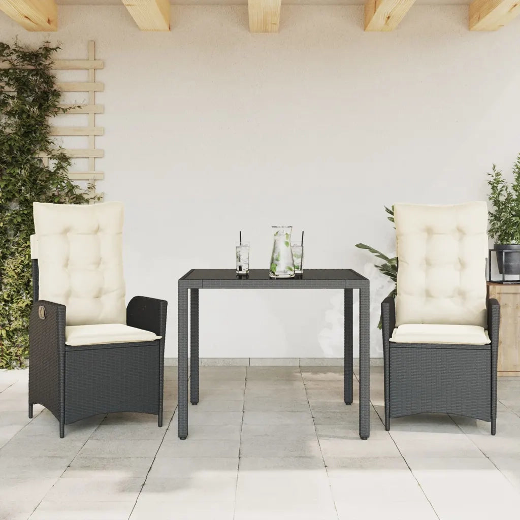 Set da Pranzo da Giardino 3 pz | Set Salotto da Giardino con Cuscini Nero in Polyrattan