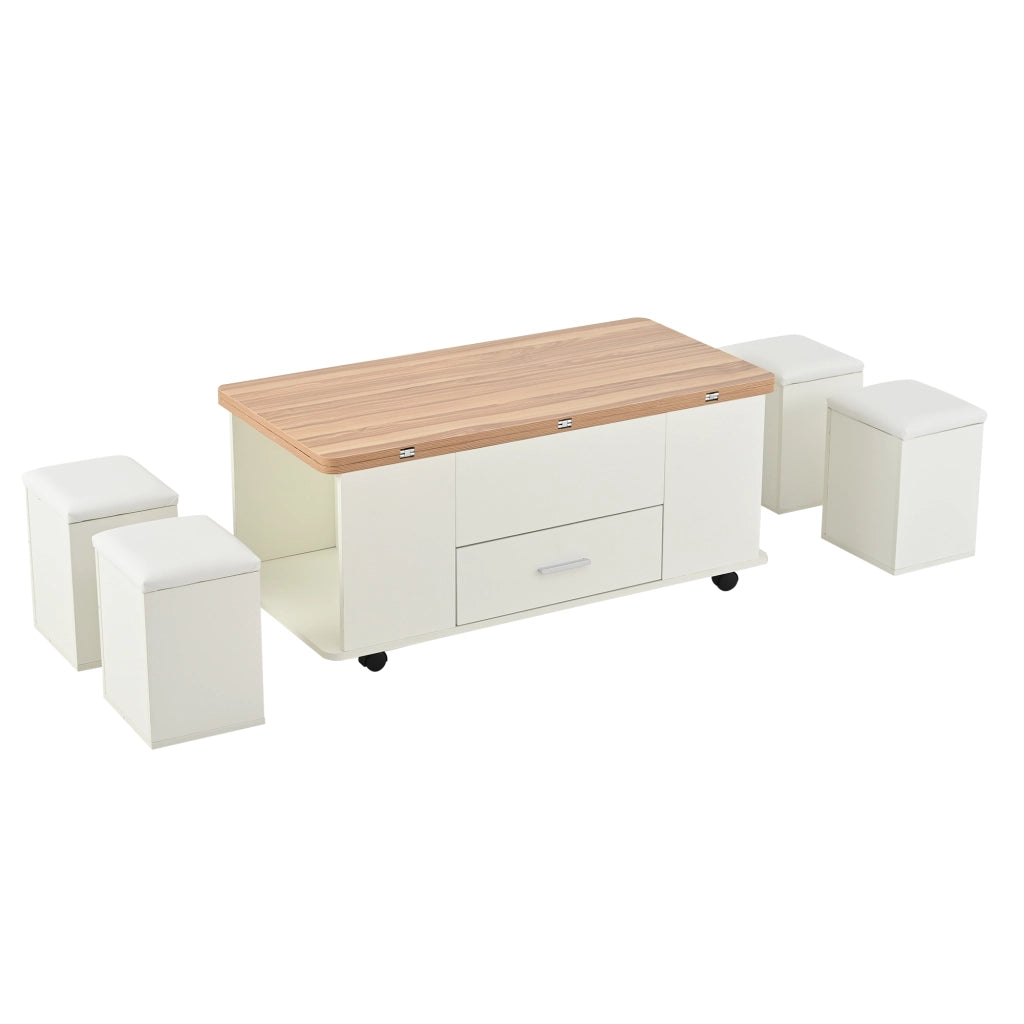 Tavolino da salotto sollevabile e allungabile con 4 sgabelli contenitore, bianco e effetto legno, 100x50 cm