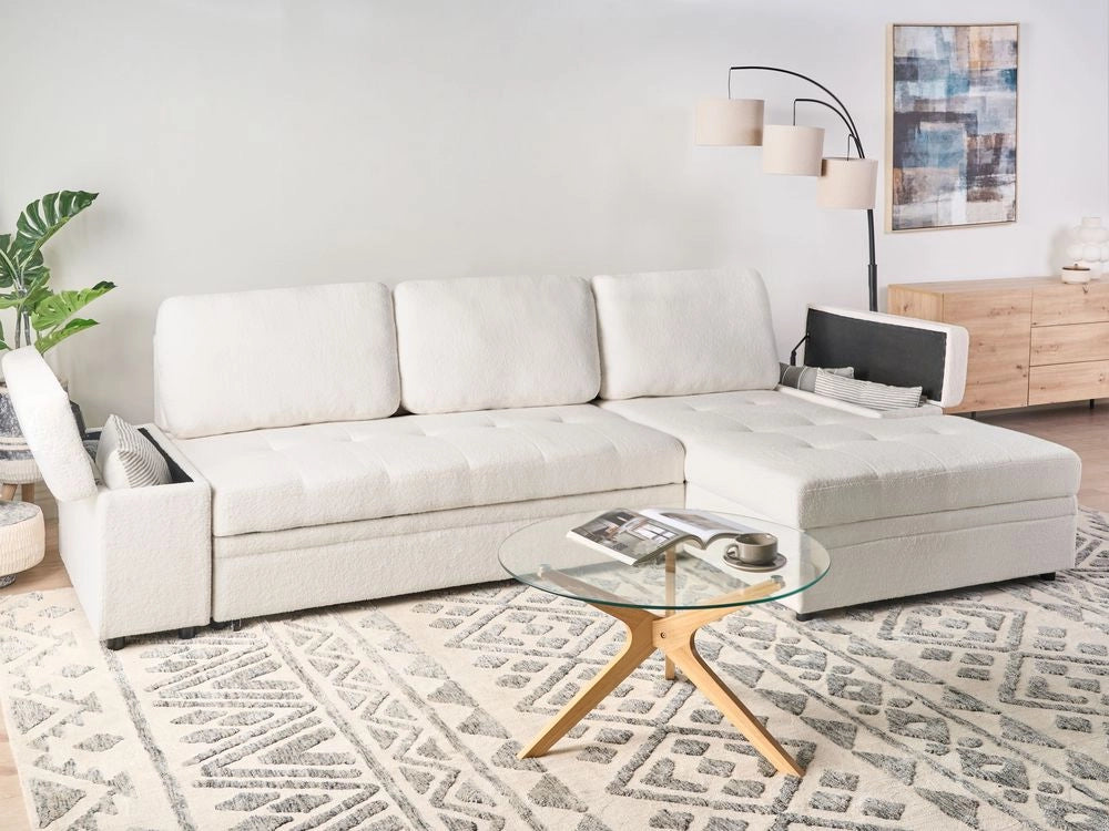 Divano letto angolare Bianco Boucle imbottito Orientamento a sinistra con letto contenitore