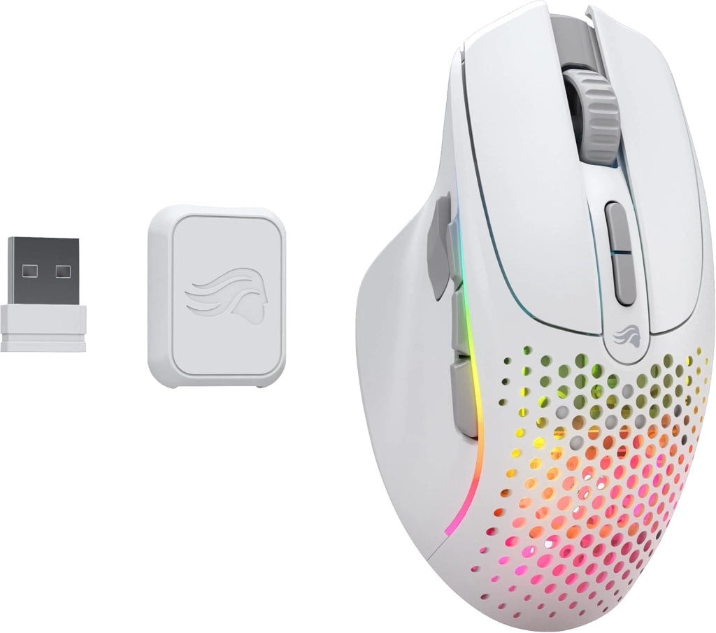 Gaming Model I 2 Wireless Mouse da gaming senza fili - 2,4 GHz e Bluetooth ibrido, superleg. 75 g, 9 tasti (2 scamb.), RGB, piedini PTFE, MMO/MOBA/sparatutto, supporto lat. pollice - Bianco