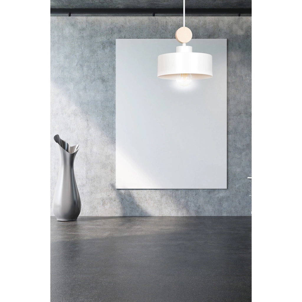 Sospensione 1 Luce Zhurong In Acciaio Bianco E Legno Naturale