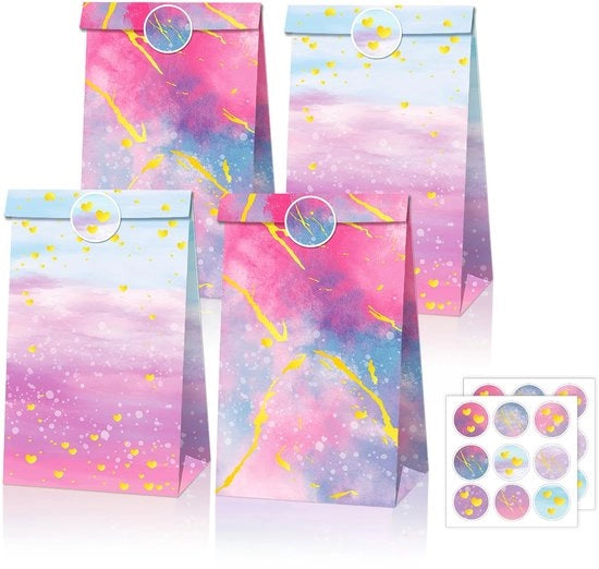 Set di Sacchetti Regalo Arcobaleno - 12 Sacchetti in Carta - Sacchetti Regalo per Caramelle - Set di Sacchetti Regalo - 18 Etichette - 22 x 12 x 8 cm - Sacchetti Regalo