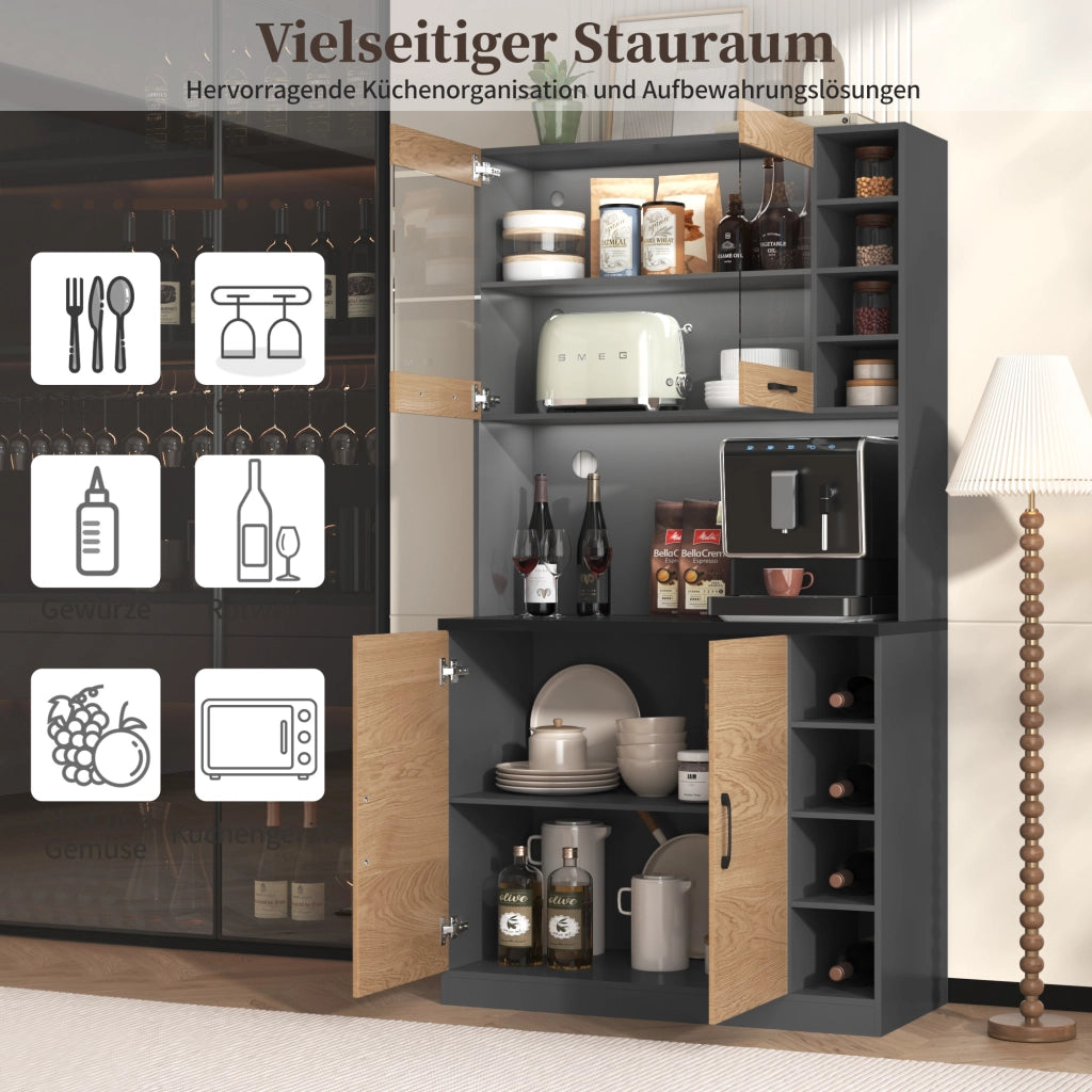 Credenza da Cucina Alta con 4 Vani Regolabili; 2 Ante; LED e Fori Passacavo; in MDF; Grigio Naturale; 100 x 47 x 187 cm