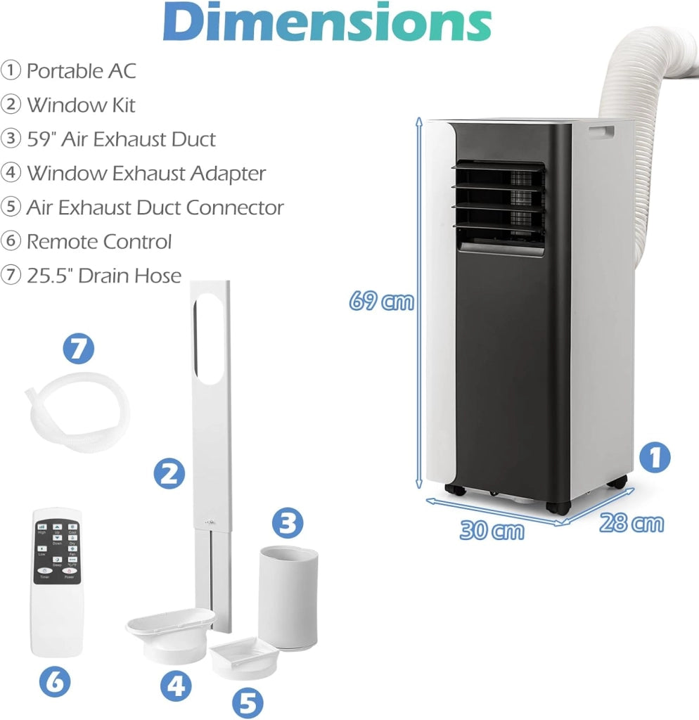 Condizionatore Portatile 7000BTU, Climatizzatore 3 in 1 Ventilatore, Deumidificatore e Raffreddatore, Controllo Intelligente con Display LED e Telecomando, Timer 24 Ore