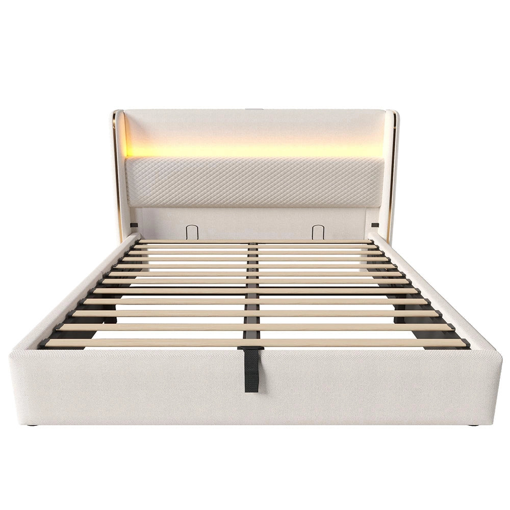 Letto Matrimoniale Moderno 140x200cm - Xylo - Testiera Alta Idraulica LED e USB, Tessuto Lino Beige