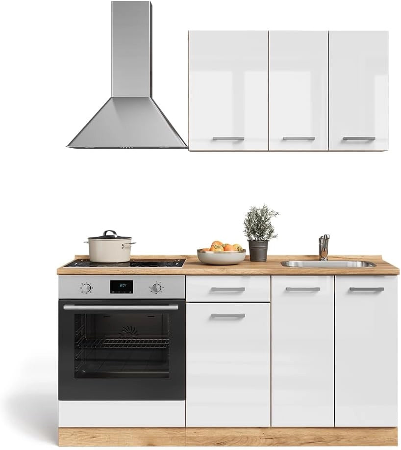 Cucina completa R-Line, Bianco lucido/oro power oak, 160 cm con base forno e lavello con PT