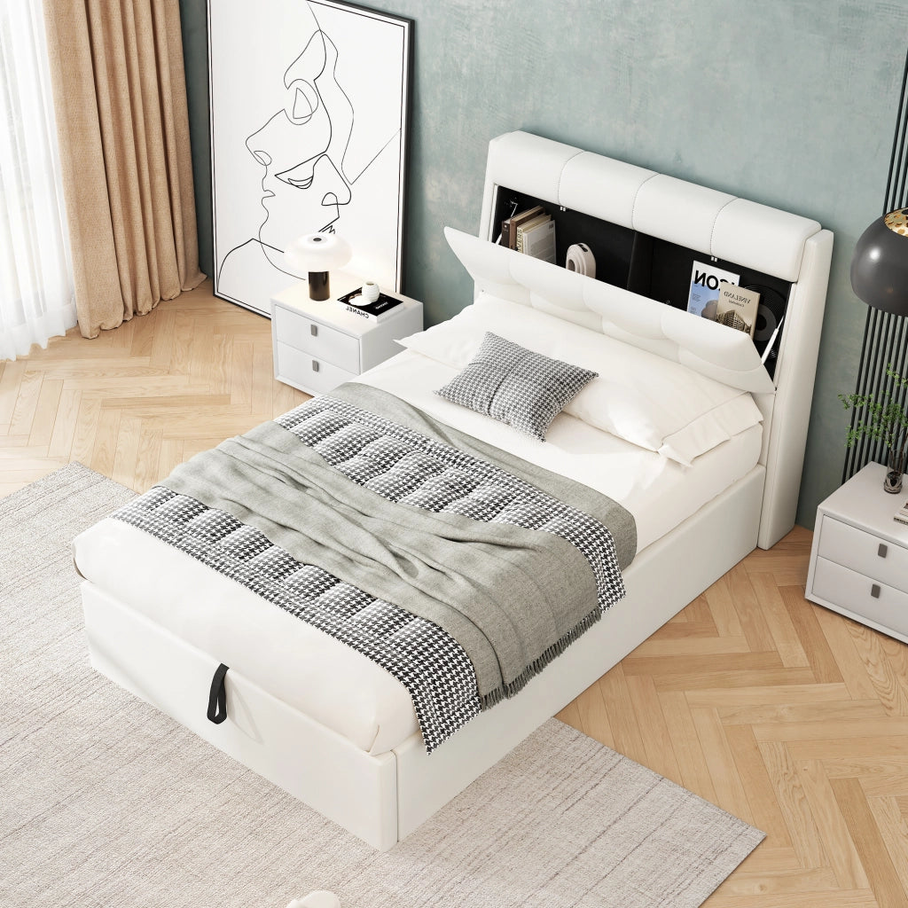 Letto Contenitore Letto Singolo 90x200 cm; 1 Posto - Idraulico e Testiera - in PU - Bianco