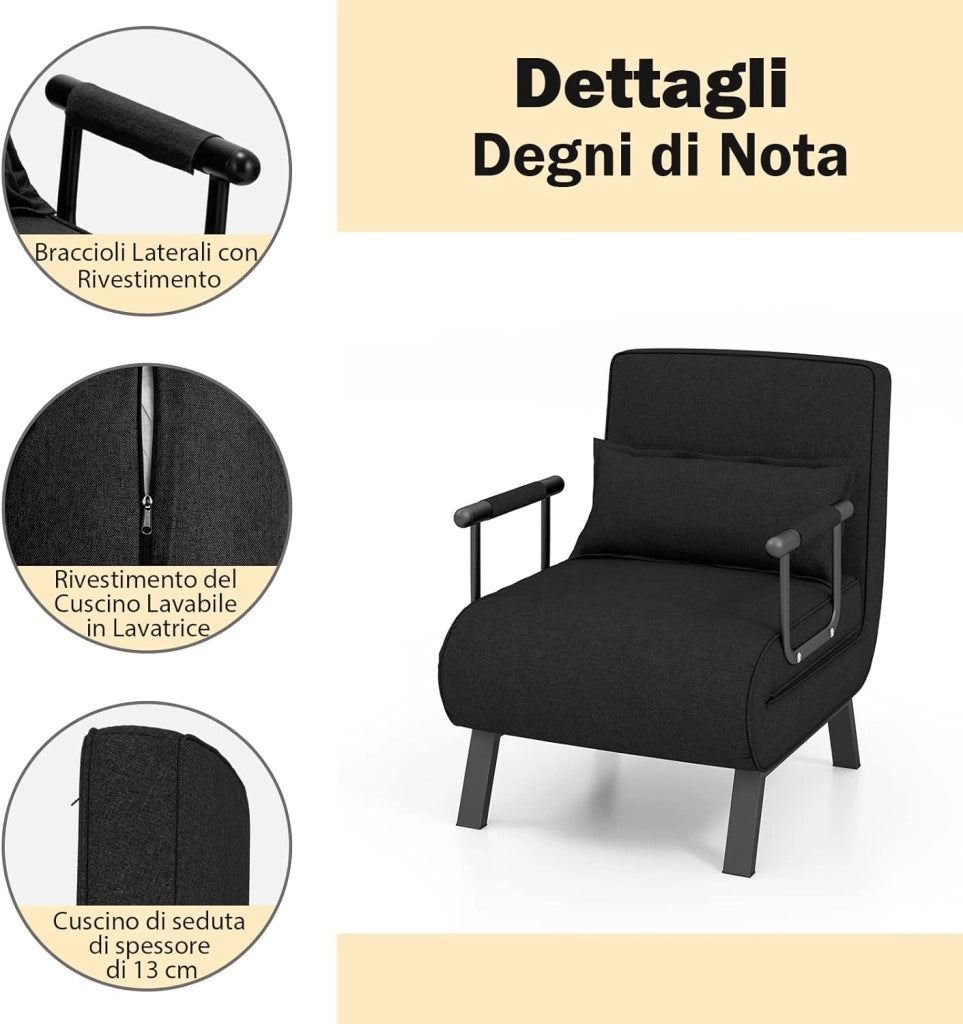 Poltrona Letto, 4 in 1 Poltroncina Pieghevole con Schienale Regolabile in 6 Posizioni, Sedile Imbottito Robusto, Divano Letto Singolo per Casa Ufficio, 79x65x79 cm (Nero)