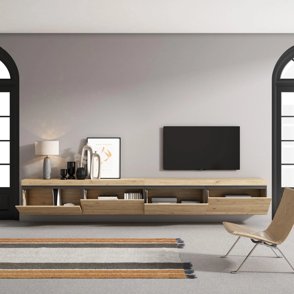 Mobile TV Soggiorno, 320x35x45cm, TV di grande formato, da appendere, colore Rovere RF3630