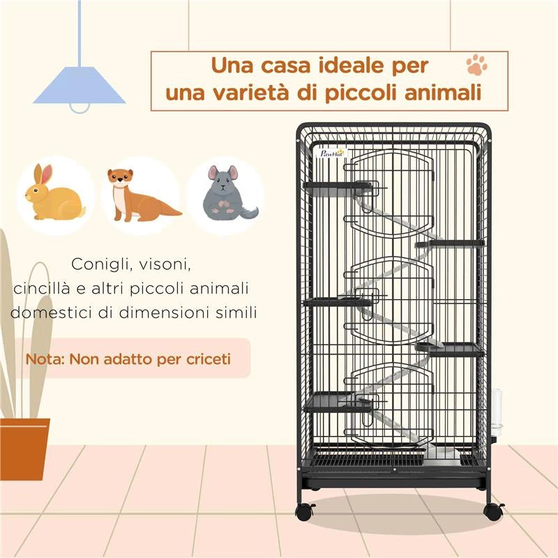 GABBIA PER PICCOLI ANIMALI CON RUOTE 5 RAMPE E 5 PIATTAFORME CIOTOLA E BOTTIGLIA 61.5X44X131 CM NERO