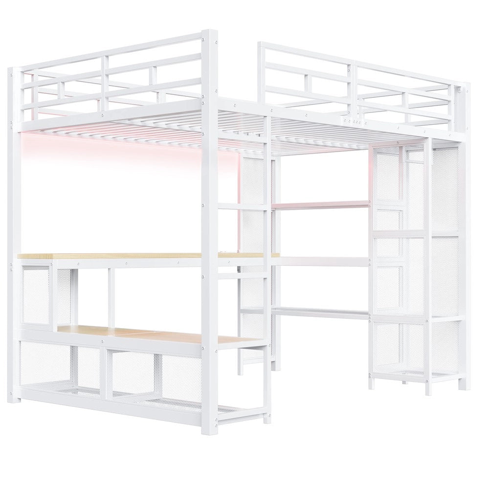 Letto a Soppalco con Contenitore e Armadio ¨C MINIMAL ¨C Metallo Bianco 140x200 LED USB