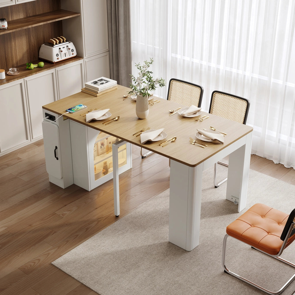 Isola da cucina mobile con tavolo estensibile; LED e prese USB/Type-C; bianco e naturale