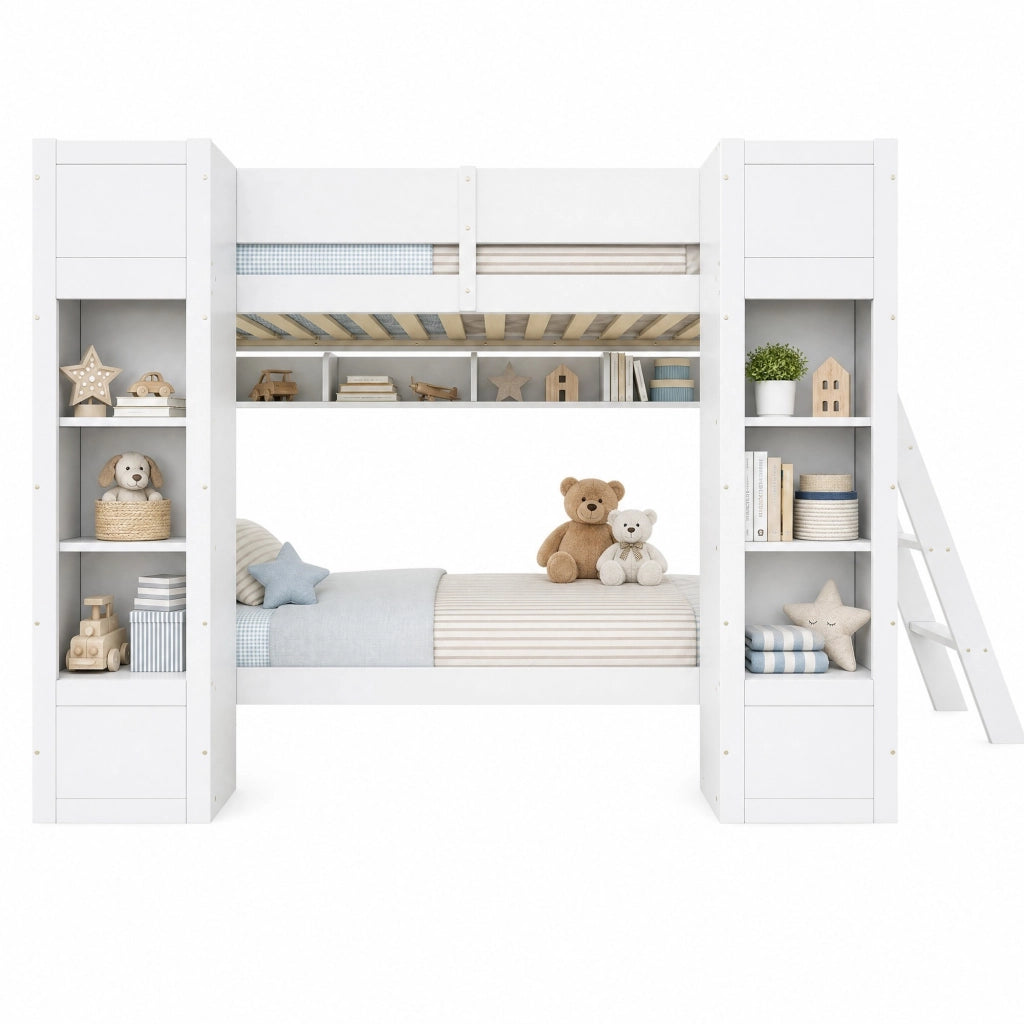 Letto a Castello 90x200 cm; 2 Posti - Contenitore; Ripiani; Scala reversibile - Bianco