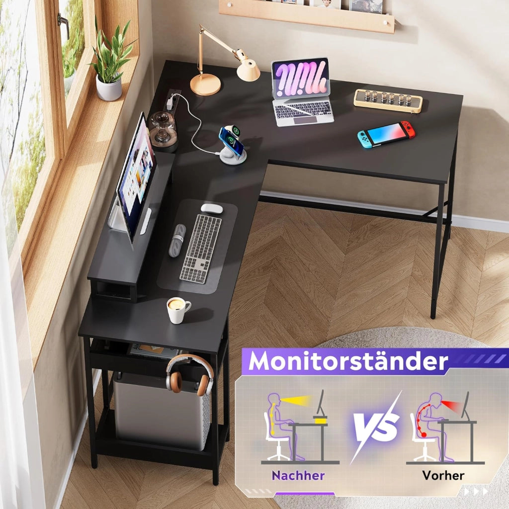 Scrivania Gaming Angolare 2 in 1 ¨C Minimal ¨C Nero 152x118 cm