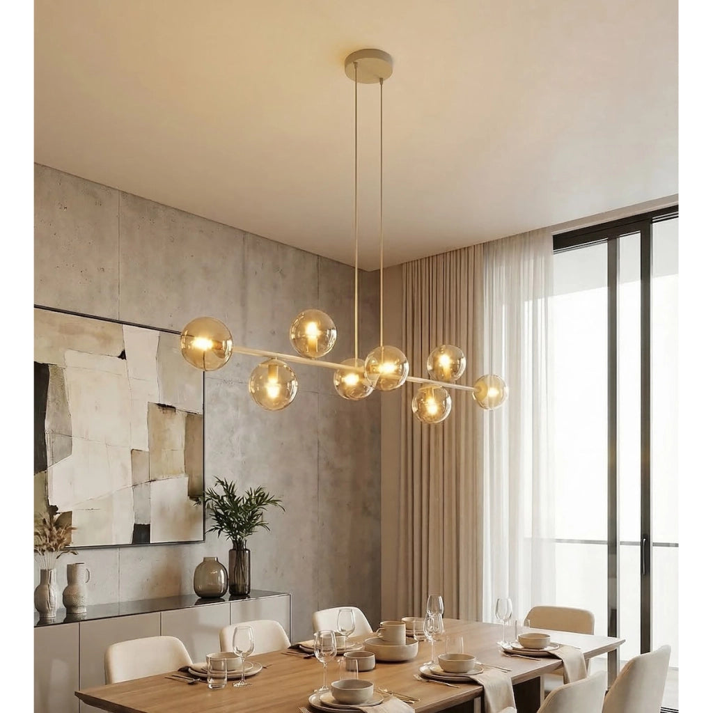 Lampada a sospensione Magnus in acciaio beige e vetro ambrato