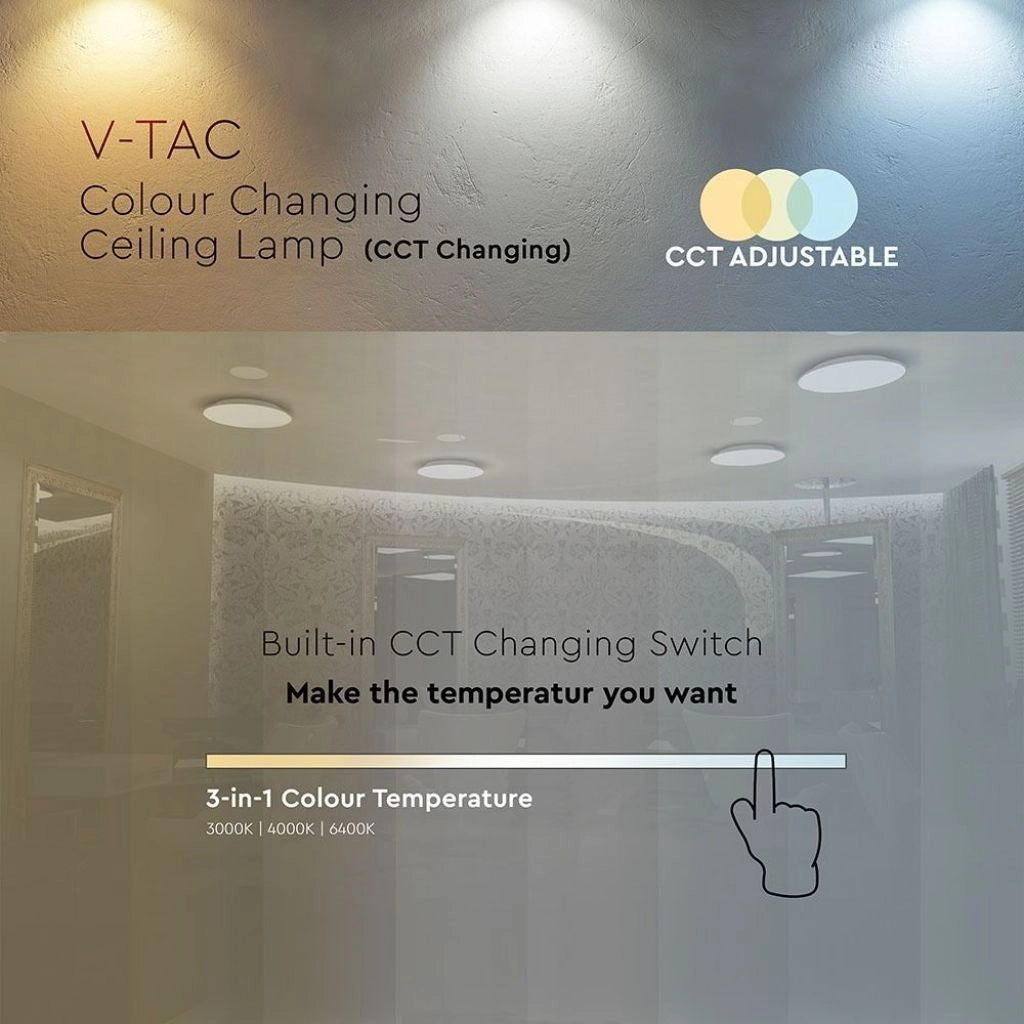 V-TAC VT-8424 Plafoniera LED Rotonda 24W con Interruttore Cambia Colore 3 in 1 Satinata d: 350mm h: 55mm SKU 7607