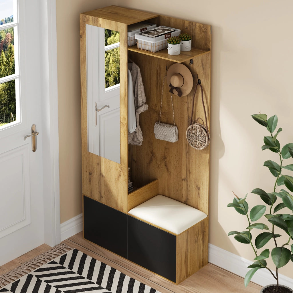 Ensemble de meubles de salon appendiabiti, specchio, panca portascarpe, MDF nero e naturale