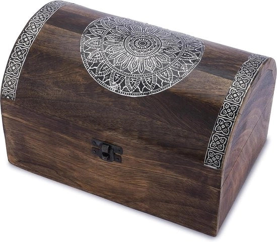 Cassetta decorativa in legno con incisioni floreali a mandala - contenitore multifunzionale per gioielli, oggetti di corredo, orologi - marrone - ottimo regalo