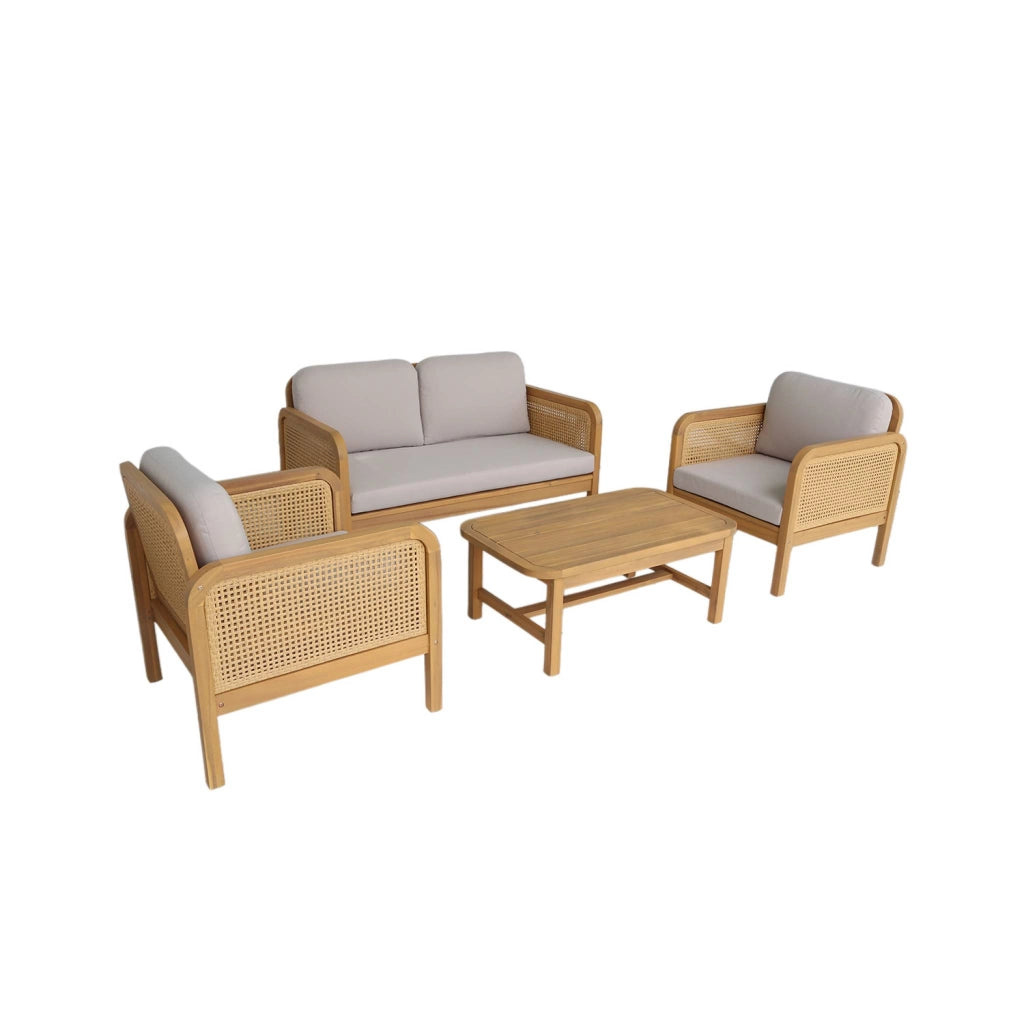 Salotto da giardino in legno di acacia e canna intrecciata, 4 posti,