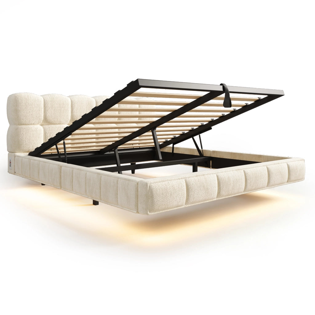 Letto matrimoniale imbottito beige 140x190 cm con sollevamento idraulico; LED e prese USB Type-C