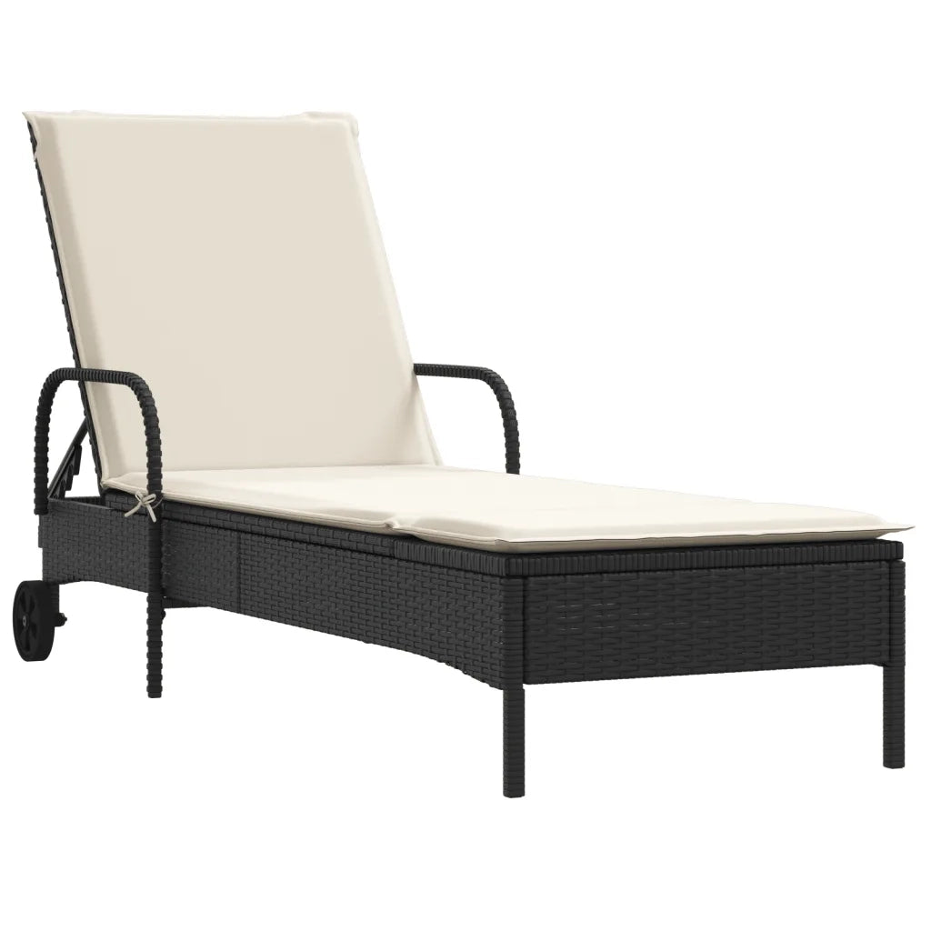 Lettino Prendisole | Sdraio da giardino | Lettino da sole con Ruote e Cuscino in Polyrattan Nero